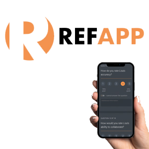 Ref App Logga samt upphållen mobil som visar appen.