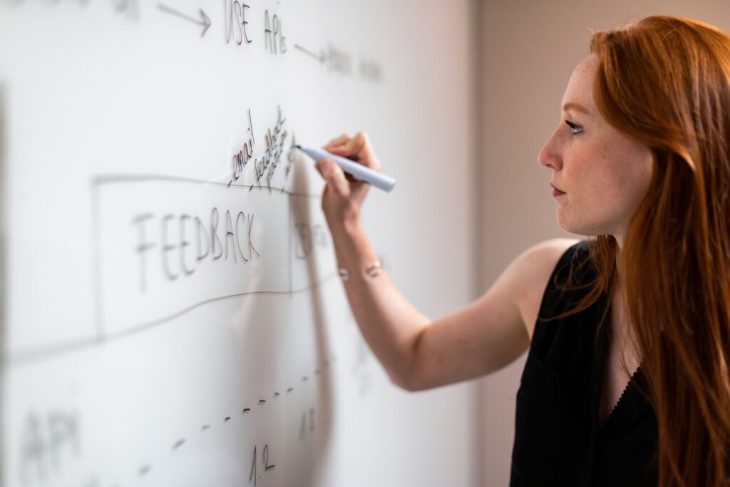 Kvinna vid whiteboard arbetar med executive search