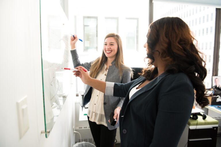 2 kvinnor vid whiteboard arbetar med organisationsutveckling